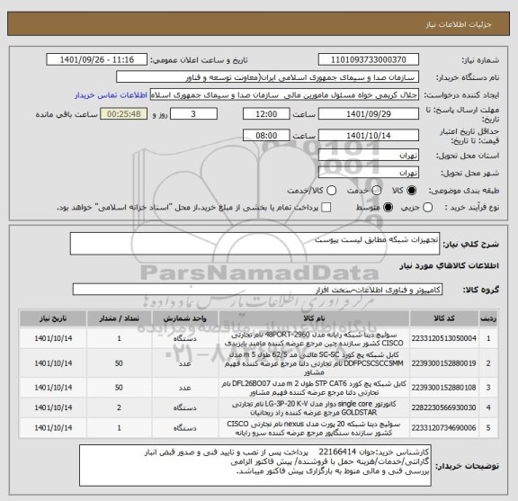 استعلام تجهیزات شبکه مطابق لیست پیوست