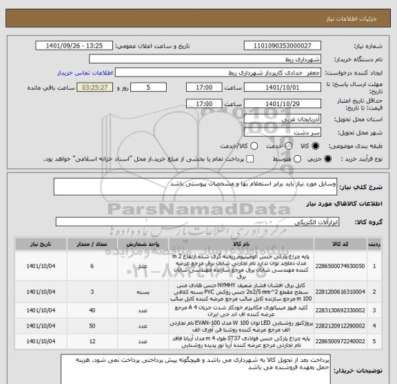 استعلام وسایل مورد نیاز باید برابر استعلام بها و مشخصات پیوستی باشد