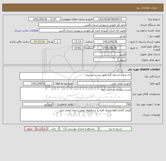 استعلام ران مرغ و استیک گرم طبق لیست پیوست