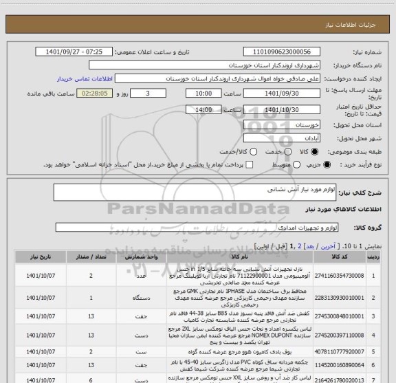 استعلام لوازم مورد نیاز آتش نشانی