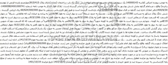 آگهی مزایده  یک سهم مشاع از ده سهم عرصه و اعیان شش دانگ یک باب ساختمان (تجاری)دارای پلاک 915/415