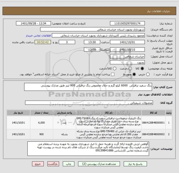 استعلام رنگ سفید ترافیکی  6000 کیلو گرم و حلال مخصوص رنگ ترافیکی 900 لیتر طبق مدارک پیوستی