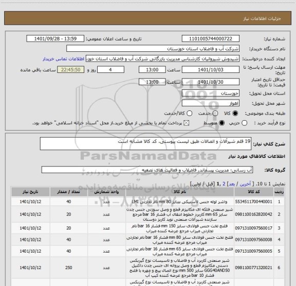 استعلام 19 قلم شیرآلات و اتصالات طبق لیست پیوستی. کد کالا مشابه است