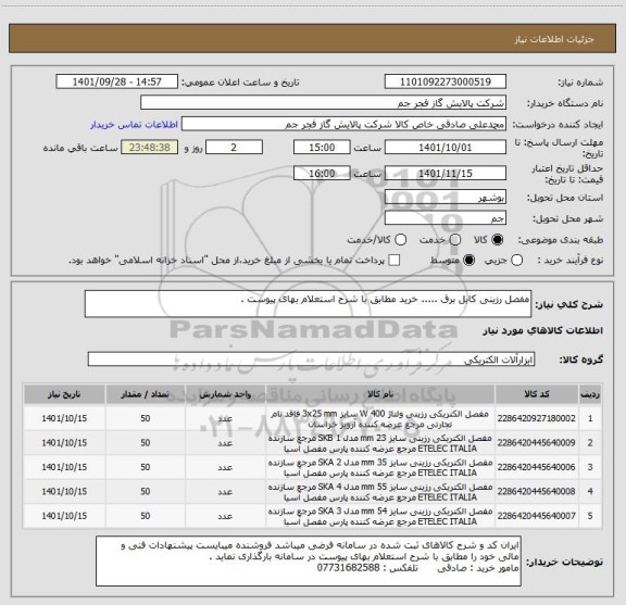 استعلام مفصل رزینی کابل برق ..... خرید مطابق با شرح استعلام بهای پیوست .