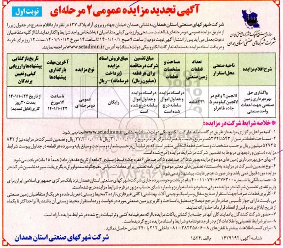 تجدید مزایده واگذاری حق بهره برداری زمین صنعتی جهت احداث واحد صنعتی