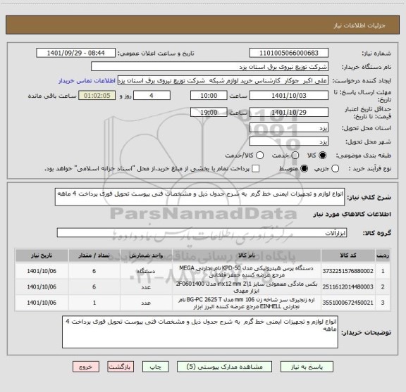 استعلام انواع لوازم و تجهیزات ایمنی خط گرم  به شرح جدول ذیل و مشخصات فنی پیوست تحویل فوری پرداخت 4 ماهه