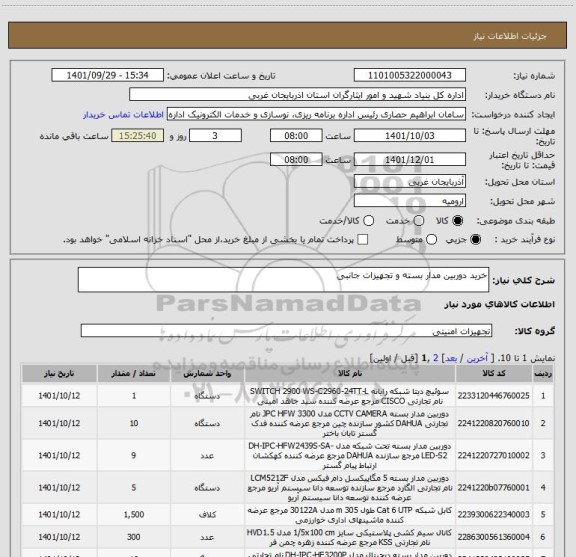 استعلام خرید دوربین مدار بسته و تجهیزات جانبی