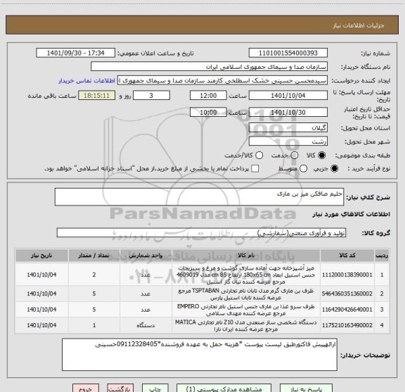 استعلام حلیم صافکن میز بن ماری