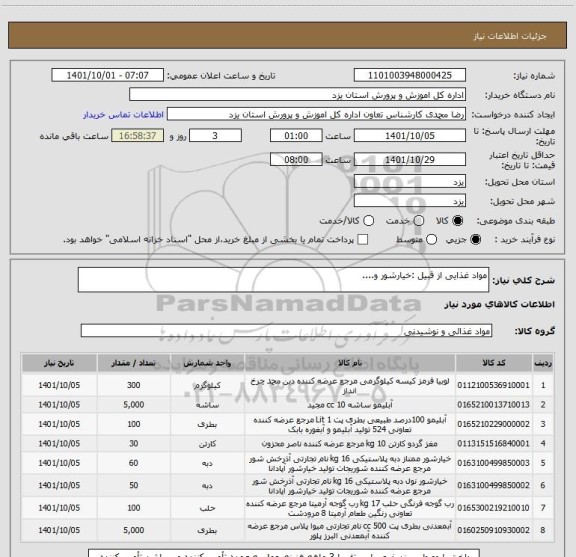 استعلام مواد غذایی از قبیل :خیارشور و....، سامانه تدارکات الکترونیکی دولت