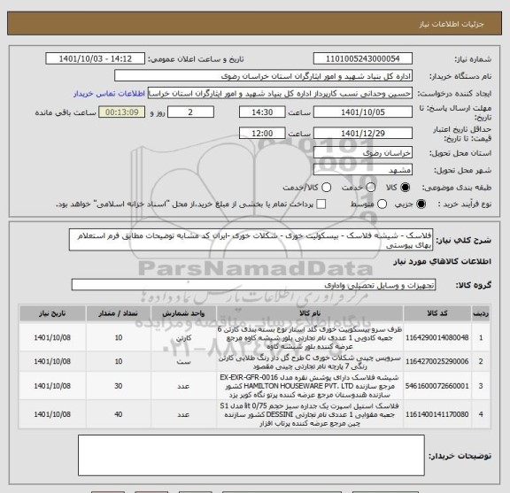 استعلام فلاسک - شیشه فلاسک - بیسکوئیت خوری - شکلات خوری -ایران کد مشابه توضیحات مطابق فرم استعلام بهای پیوستی