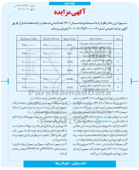 مزایده فروش شش باب مغازه - نوبت دوم