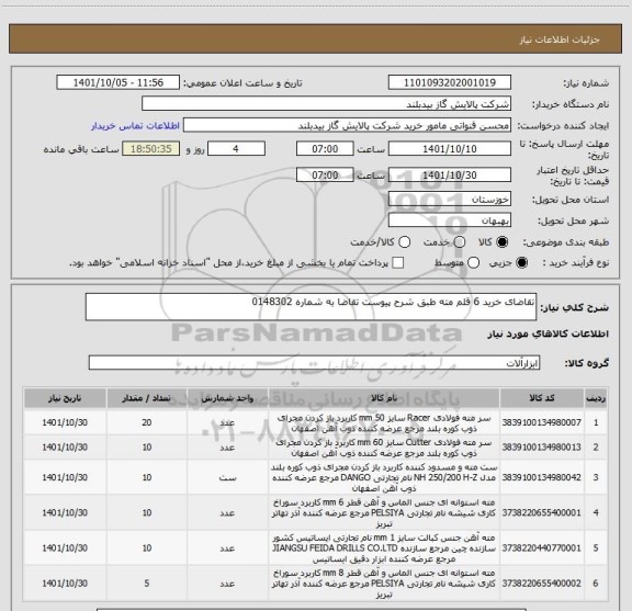 استعلام تقاضای خرید 6 قلم مته طبق شرح پیوست تقاضا به شماره 0148302