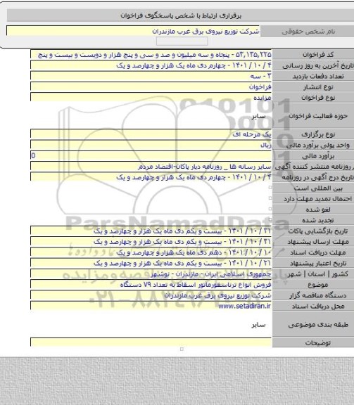 مزایده, فروش انواع ترناسفورماتور اسقاط به تعداد ۷۹ دستگاه