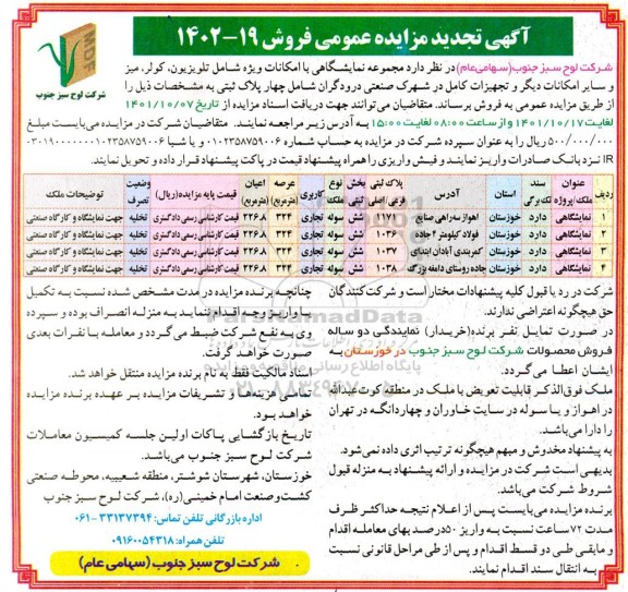 تجدید مزایده فروش مجموعه نمایشگاهی با امکانات تلویزیون ، کولر 