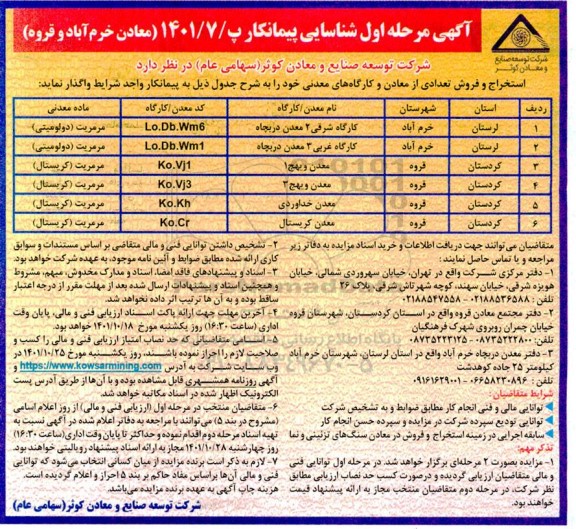  مزایده و مناقصه استخراج و فروش تعدادی از معادن و کارگاه های معدنی