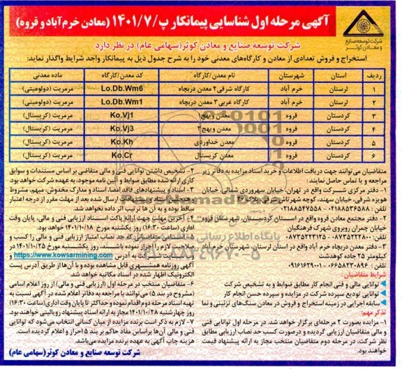 مناقصه و  مزایده استخراج و فروش تعدادی از معادن و کارگاه های معدنی