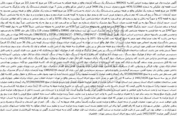 آگهی مزایده ششدانگ یک دستگاه آپارتمان واقع در طبقه همکف به مساحت 130 متر مربع که مقدار 2/2 متر مربع 