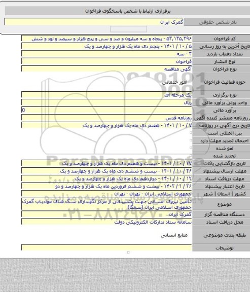 مناقصه, تأمین نیروی انسانی جهت پشتیبانی از مرکز نگهداری سگ های موادیاب گمرک جمهوری اسلامی ایران (سمگا)