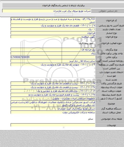 مناقصه, قرائت کنتور مشترکین عادی و وصول مطالبات امورهای چالوس،کلاردشت،عباس آباد،تنکابن و رامسر و قرائت کنتور