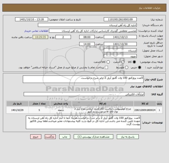 استعلام 5عدد پروژکتور 100 وات گلنور آریل 2 برابر شرح درخواست.