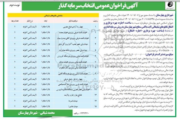 فراخوان عمومی مناقصه و مزایده انتخاب سرمایه گذار جهت ساخت، اجاره، بهره برداری و انتقال تابلوهای تبلیغاتی لایت باکس- نوبت دوم