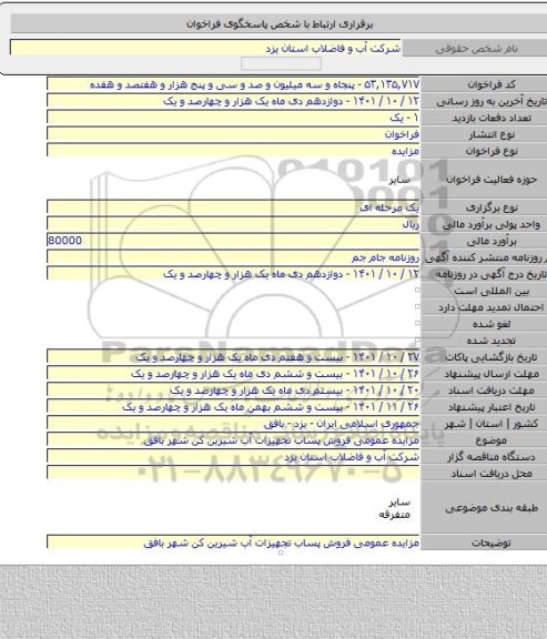 مزایده, مزایده عمومی فروش پساب تجهیزات آب شیرین کن شهر بافق