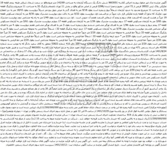 آگهی مزایده شش دانگ یک دستگاه آپارتمان به مساحت 142/69 متر مربع واقع در سمت شمال شرقی طبقه پنجم قطعه 18 تفکیکی پلاک ثبتی 28522 فرعی از 72 اصلی