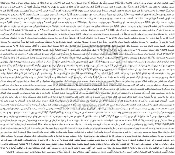 آگهی مزایده شش دانگ یک دستگاه آپارتمان مسکونی به مساحت 142.69 متر مربع واقع در سمت شمال شرقی طبقه دوم قطعه شش تفکیکی به پلاک ثبتی 28510 فرعی از 72 اصلی