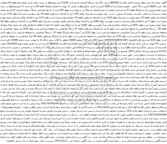 آگهی مزایده شش دانگ یک دستگاه آپارتمان به مساحت 112/55 متر مربع واقع در سمت جنوب غربی طبقه پنجم قطعه 20 تفکیکی پلاک ثبتی 28524 فرعی از 72 اصلی