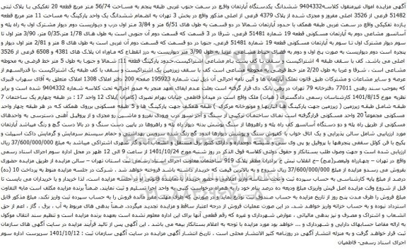 آگهی مزایده ششدانگ یکدستگاه آپارتمان