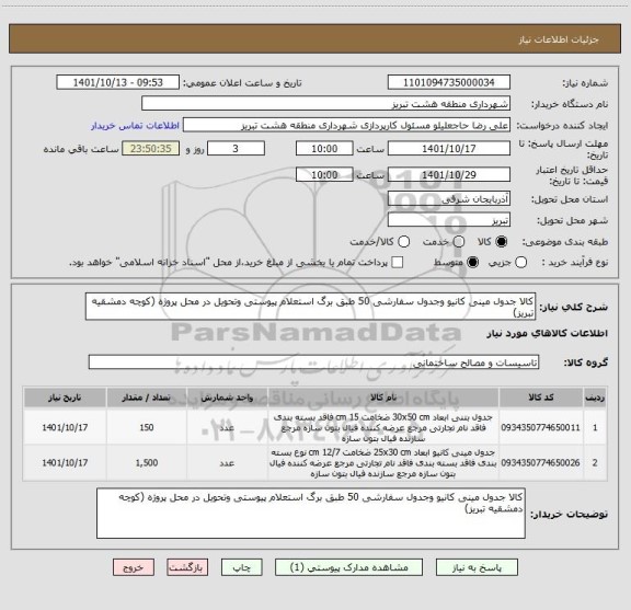 استعلام کالا جدول مینی کانیو وجدول سفارشی 50 طبق برگ استعلام پیوستی وتحویل در محل پروژه (کوچه دمشقیه تبریز)