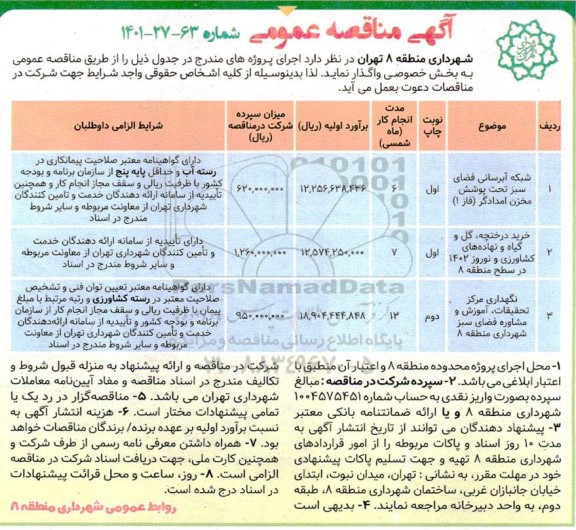 مناقصه شبکه آبرسانی فضای سبز  ..