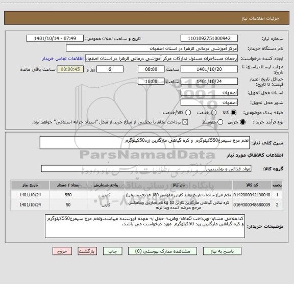 استعلام تخم مرغ سیمرغ550کیلوگرم  و کره گیاهی مارگارین زرد50کیلوگرم