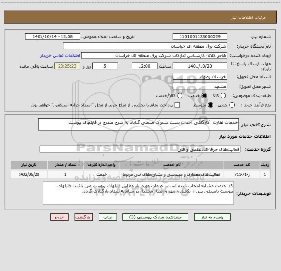 استعلام خدمات نظارت  کارگاهی احداث پست شهرک صنعتی گناباد به شرح مندرج در فایلهای پیوست