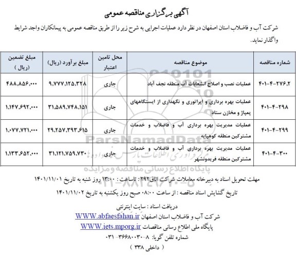 مناقصه عملیات نصب و اصلاح انشعابات آب منطقه ...