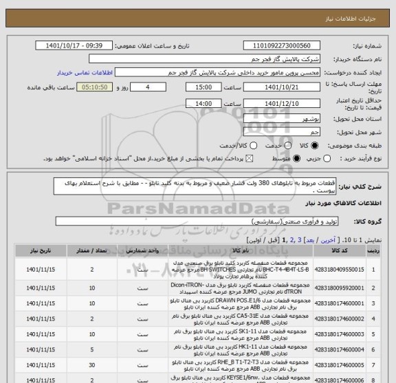 استعلام قطعات مربوط به تابلوهای 380 ولت فشار ضعیف و مربوط به بدنه کلید تابلو - - مطابق با شرح استعلام بهای پیوست .