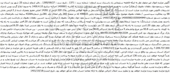 آگهی مزایده ششدانگ یک قطعه مغازه مشتمل بر طبقه فوقانی وتحتانی پلاک 220 فرعی از 14261 اصلی