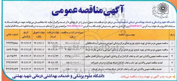 مناقصه تهیه، طبخ و توزیع غذای مرکز پزشکی، آموزشی و درمانی ....