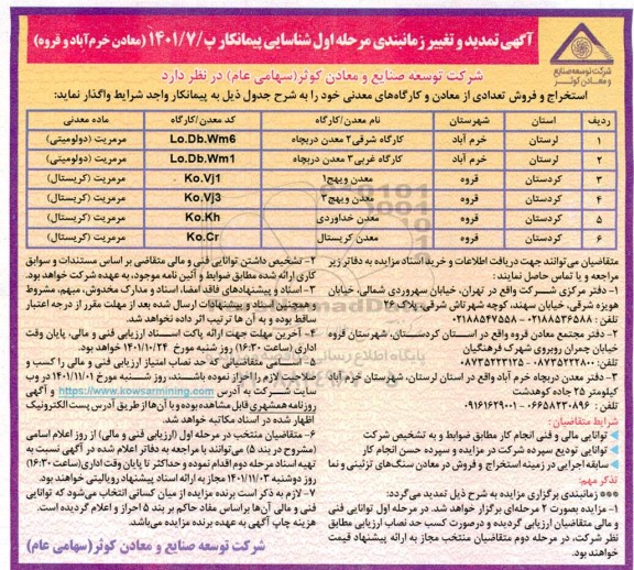  مزایده و مناقصه استخراج و فروش تعدادی از معادن و کارگاه های معدنی تمدید و تغییر