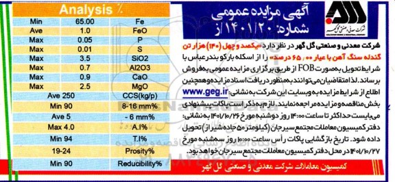  مزایده  یکصد و چهل 140 هزار  تن گندله سنگ آهن