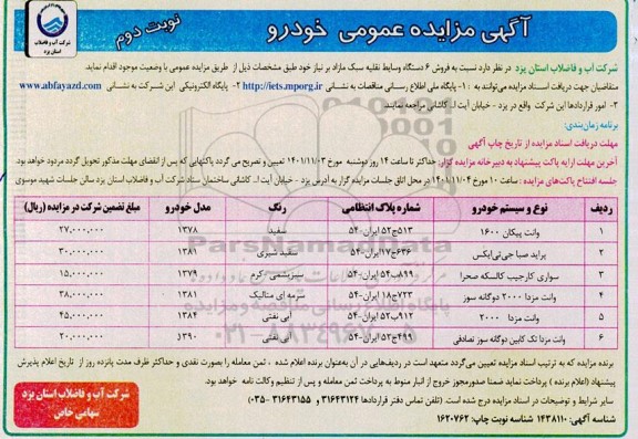 مزایده فروش 6 دستگاه وسایط نقلیه سبک مازاد بر نیاز - نوبت دوم