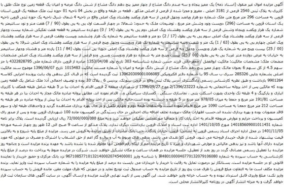 آگهی مزایده یک ممیز پنجاه و سه صدم دانگ مشاع از چهار ممیز پنج دهم دانگ مشاع از شش دانگ عرصه و اعیان یک قطعه زمین