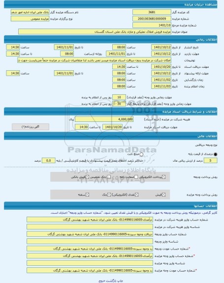 مزایده ، مزایده فروش املاک تملیکی و مازاد بانک ملی استان گلستان -مزایده ساختمان  - استان گلستان