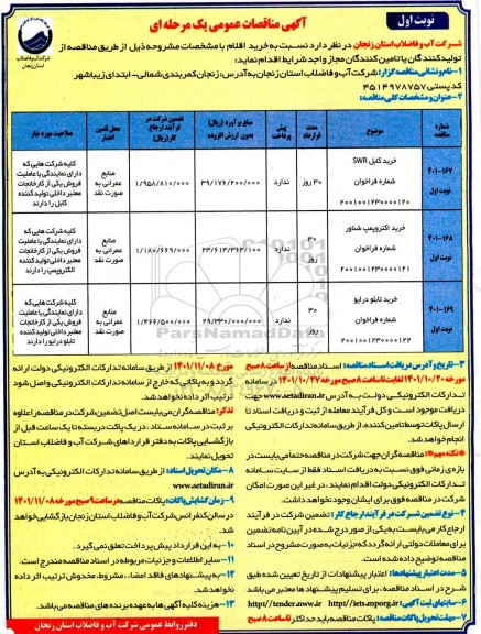 مناقصه خرید کابل SWR و...