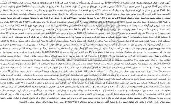 آگهی مزایده ششدانگ یک دستگاه آپارتمان به مساحت 65.08 متر مربع