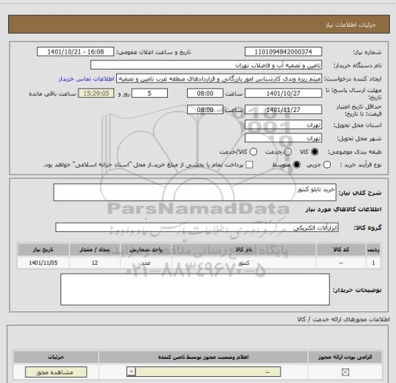 استعلام خرید تابلو کنتور