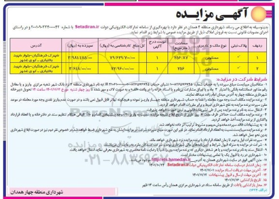 مزایده فروش دو پلاک ثبتی با کاربری مسکونی