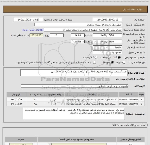 استعلام خرید آسفالت توپکا 019 به میزان 700 تن و آسفالت توپکا 012 به میزان 100 تن