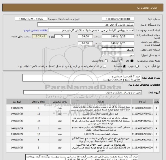 استعلام خرید 7 قلم میز ، صندلی و ...
مطابق با شرح و مشخصات پیوست