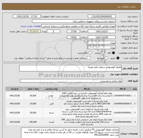 استعلام ظروف آلومینیومی و لیوان یکبار مصرف